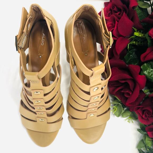 Aldo Strappy Stiletto Sandals/Booties Size 7.5 Tan Leather Open Toe High Heels - Picture 10 of 16
